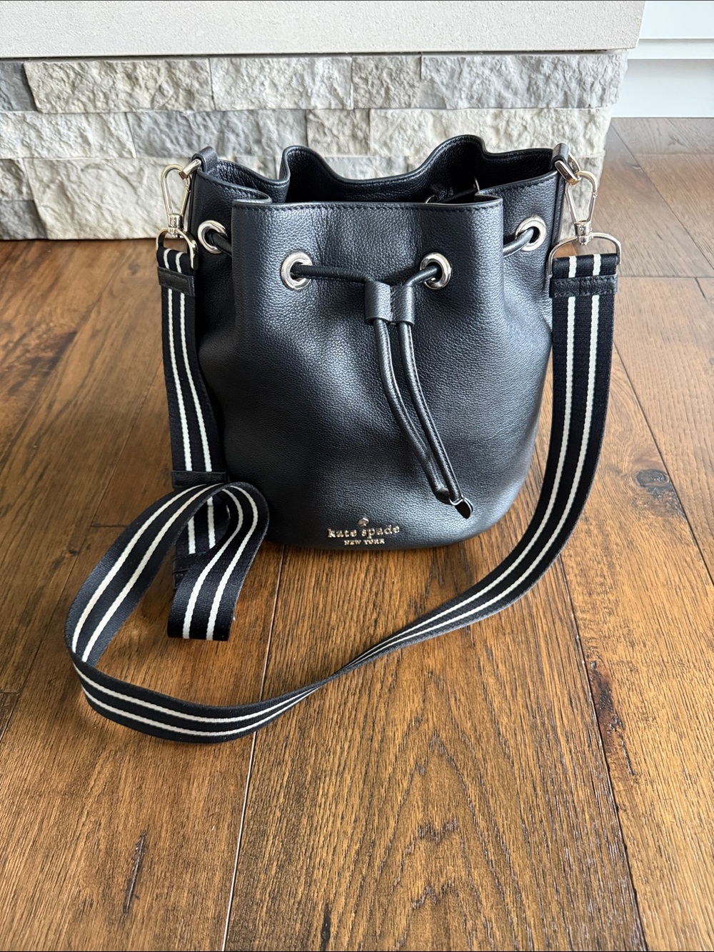 kate spade Black Leather Bucket Bag with Striped Crossbody Strap